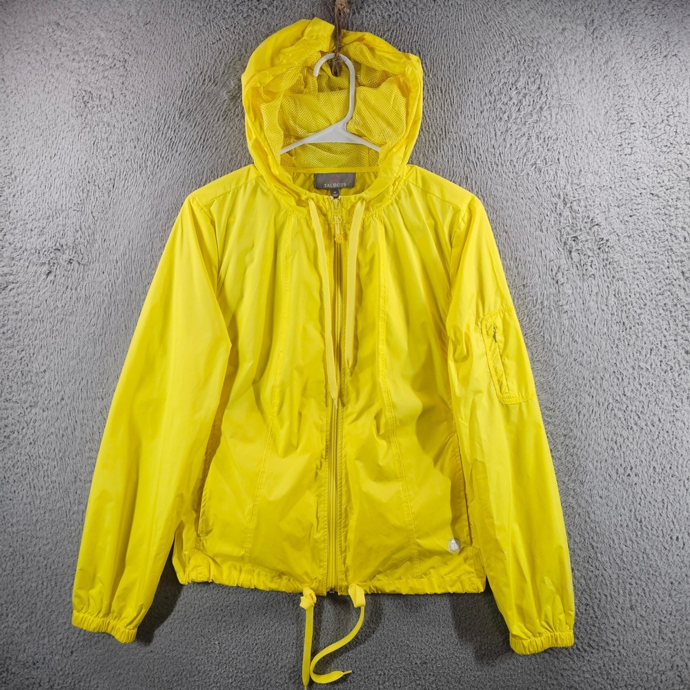 Talbots Womens Yellow Hooded Windbreaker Jacket Full Zip Mesh Lined Size M